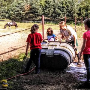 Campers learn horse care means cleaning the water tank.