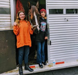 Jackie with student at trailer