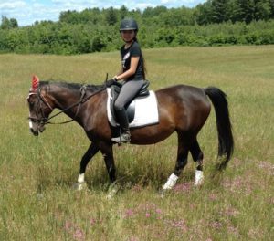 Jackie & student ride in beautiful meadow. Horse lease.